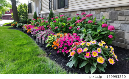 Colorful flowers line the front of the house, enhancing the landscape Colorful flowers line the front of the house, enhancing the landscape 129993250
