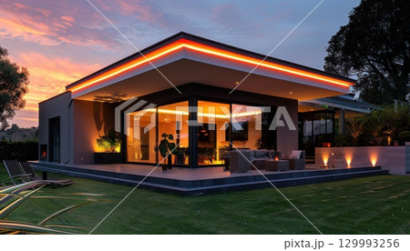 A modern house with large windows brightly illuminated against the night sky A modern house with large windows brightly illuminated against the night sky 129993256
