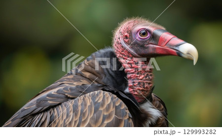 Closeup of a vulture, a wild bird with a long beak in Galliformes family 129993282