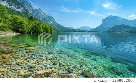 Scenic lake with surrounding mountains and trees under the sunny sky 129993290