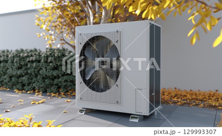 A white air conditioner sits on a patio next to a tree 129993307