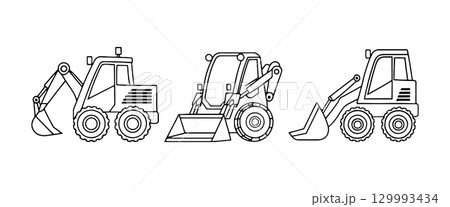 Construction equipment outlines showcasing diggers, loaders, and backhoe designs in a simple black and white illustration 129993434