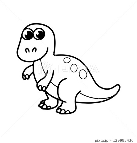 Cartoon dinosaur character with big eyes standing playfully on a white background ideal for coloring fun or educational activities 129993436