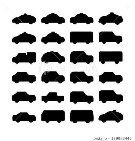 Silhouettes of various vehicle shapes arranged in a grid pattern showcasing diverse automobile designs and types Silhouettes of various vehicle shapes arranged in a grid pattern showcasing diverse automobile designs and types 129993440