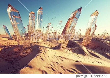 Desert landscape with giant crystal structures jutting from sand surreal sci-fi composition Desert landscape with giant crystal structures jutting from sand surreal sci-fi composition 129993448