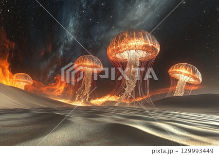 Massive glowing jellyfish hovering over desert dunes under starry sky Massive glowing jellyfish hovering over desert dunes under starry sky 129993449