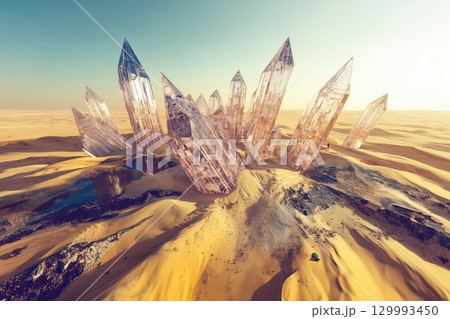 Desert landscape with giant crystal structures jutting from sand surreal sci-fi composition Desert landscape with giant crystal structures jutting from sand surreal sci-fi composition 129993450