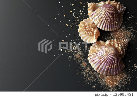 Flat lay of iridescent seashells on black velvet with scattered golden sand Flat lay of iridescent seashells on black velvet with scattered golden sand 129993451