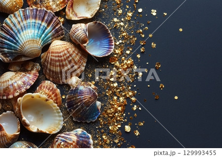 Flat lay of iridescent seashells on black velvet with scattered golden sand 129993455