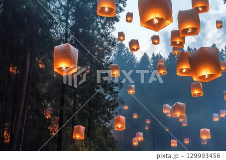 Floating paper lanterns drifting across misty lake at twilight 129993456