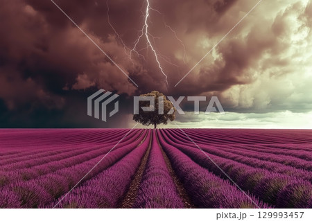 Thunderstorm approaching over endless lavender fields 129993457