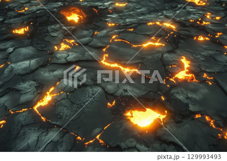 Close-up of cracked volcanic rock with glowing lava lines Close-up of cracked volcanic rock with glowing lava lines 129993493