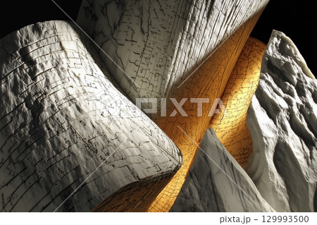 Abstract topographic patterns carved into marble with shadows 129993500
