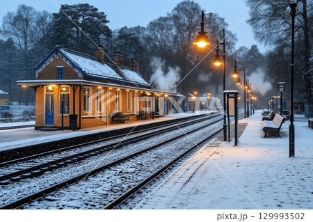 Vintage train station in snowfall Vintage train station in snowfall 129993502