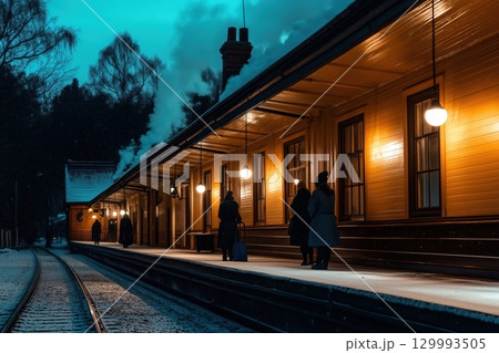 Vintage train station in snowfall Vintage train station in snowfall 129993505