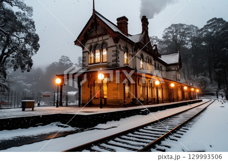 Vintage train station in snowfall Vintage train station in snowfall 129993506
