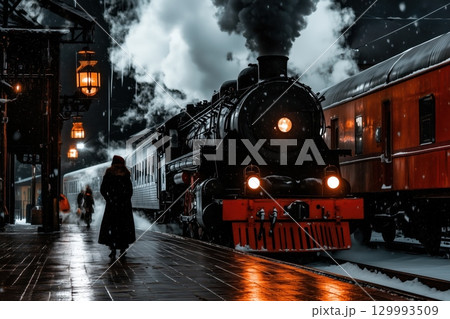 Vintage train station in snowfall Vintage train station in snowfall 129993509