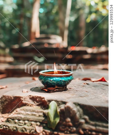 Single candle flickering in empty stone temple 129993534