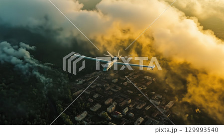 Military UAV over city. Military UAV over city. 129993540