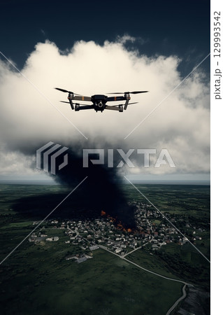 Military drone over city. Military drone over city. 129993542