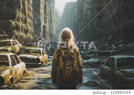 A young woman in post-apocalyptic world. A young woman in post-apocalyptic world. 129993554