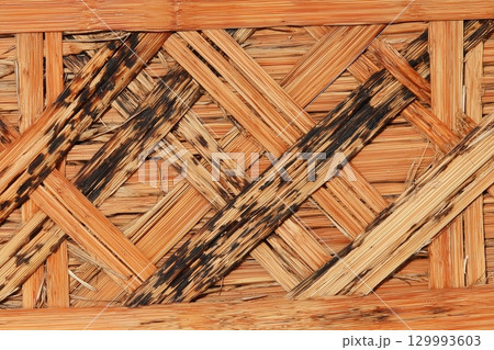 Intricate bamboo weave pattern with natural grain 129993603