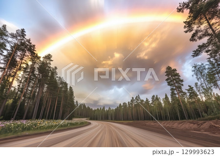 Rainbow over quiet countryside road with wildflowers on roadside serene travel mood Rainbow over quiet countryside road with wildflowers on roadside serene travel mood 129993623