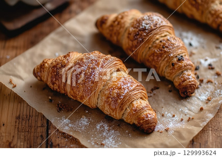 Top-down view of freshly baked croissants on parchment paper, sprinkled with powdered sugar. 129993624