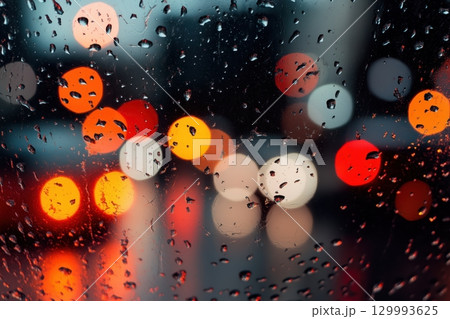 Close-up of raindrops on window with city lights blurred in background Close-up of raindrops on window with city lights blurred in background 129993625