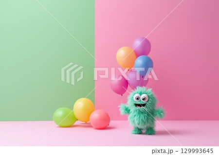 Bubble-shaped monster floating with balloons. colorful background 129993645