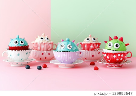 Group of giggling monsters having a tea party 129993647