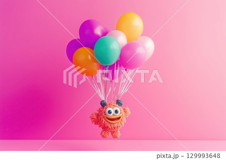Bubble-shaped monster floating with balloons. colorful background Bubble-shaped monster floating with balloons. colorful background 129993648