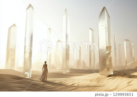Desert landscape with giant crystal structures jutting from sand surreal sci-fi composition 129993651