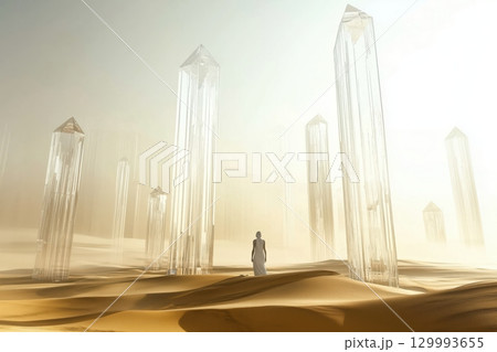 Desert landscape with giant crystal structures jutting from sand surreal sci-fi composition Desert landscape with giant crystal structures jutting from sand surreal sci-fi composition 129993655