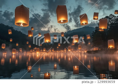 Floating paper lanterns drifting across misty lake at twilight Floating paper lanterns drifting across misty lake at twilight 129993659