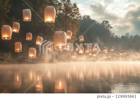 Floating paper lanterns drifting across misty lake at twilight Floating paper lanterns drifting across misty lake at twilight 129993661