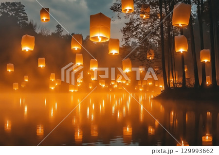 Floating paper lanterns drifting across misty lake at twilight Floating paper lanterns drifting across misty lake at twilight 129993662