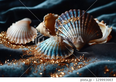 Flat lay of iridescent seashells on black velvet with scattered golden sand Flat lay of iridescent seashells on black velvet with scattered golden sand 129993663