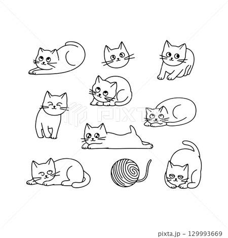 Fun and playful cats interacting with a ball of yarn in a whimsical, minimalist style 129993669