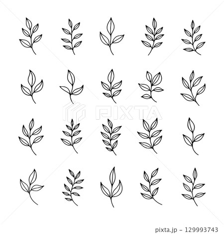 Leaf patterns in black line art showcasing diverse shapes and sizes for design inspiration 129993743
