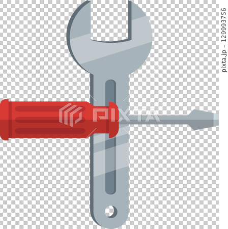 A wrench and a screwdriver forming a crossed shape, representing tools and repair work. A wrench and a screwdriver forming a crossed shape, representing tools and repair work. 129993756