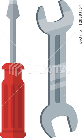 A red handled screwdriver and silver wrench stand side-by-side on a plain black background. A red handled screwdriver and silver wrench stand side-by-side on a plain black background. 129993757