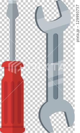 A red handled screwdriver and silver wrench stand side-by-side on a plain black background. 129993757