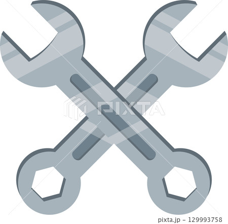 Two crossed grey open-ended wrenches, tools used for tightening bolts in repair work contexts. Two crossed grey open-ended wrenches, tools used for tightening bolts in repair work contexts. 129993758