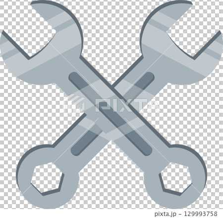 Two crossed grey open-ended wrenches, tools used for tightening bolts in repair work contexts. 129993758