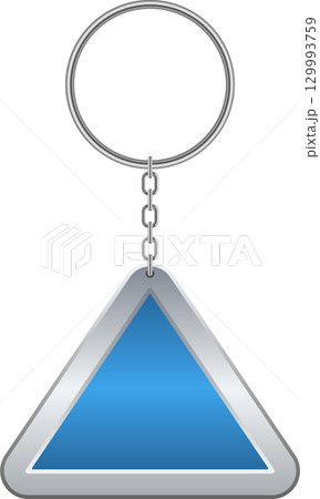 A metal ring attached to a chain that connects to a blue triangle shaped keychain charm. A metal ring attached to a chain that connects to a blue triangle shaped keychain charm. 129993759