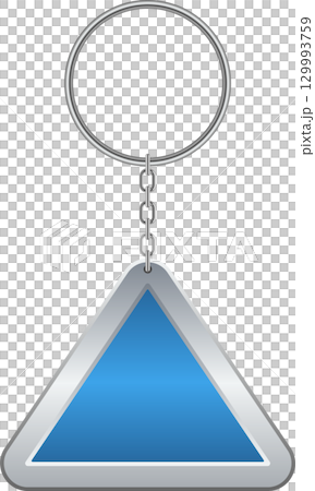 A metal ring attached to a chain that connects to a blue triangle shaped keychain charm. A metal ring attached to a chain that connects to a blue triangle shaped keychain charm. 129993759