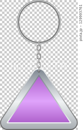 A silver-rimmed triangular keychain, featuring a soft lavender-colored fill, hangs against black. A silver-rimmed triangular keychain, featuring a soft lavender-colored fill, hangs against black. 129993761