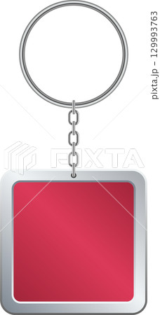 A square keychain with a silver border, metal ring, and a red center suspended against a black background. 129993763