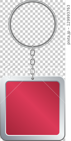 A square keychain with a silver border, metal ring, and a red center suspended against a black background. 129993763